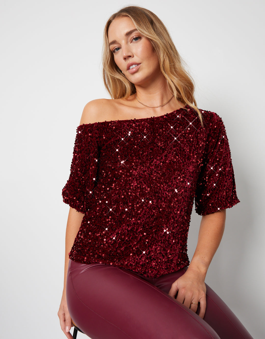 Sequin Velour Drop Shoulder Top in Red