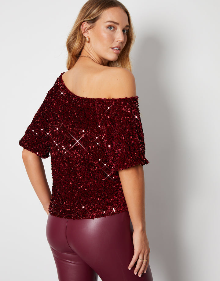 Sequin Velour Drop Shoulder Top in Red