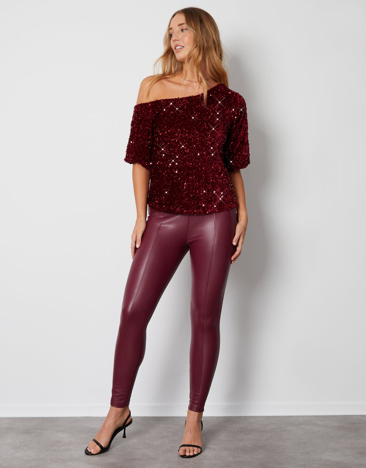 Sequin Velour Drop Shoulder Top in Red