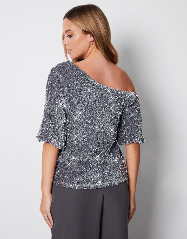 Silver Sequin Velour Drop Shoulder Top