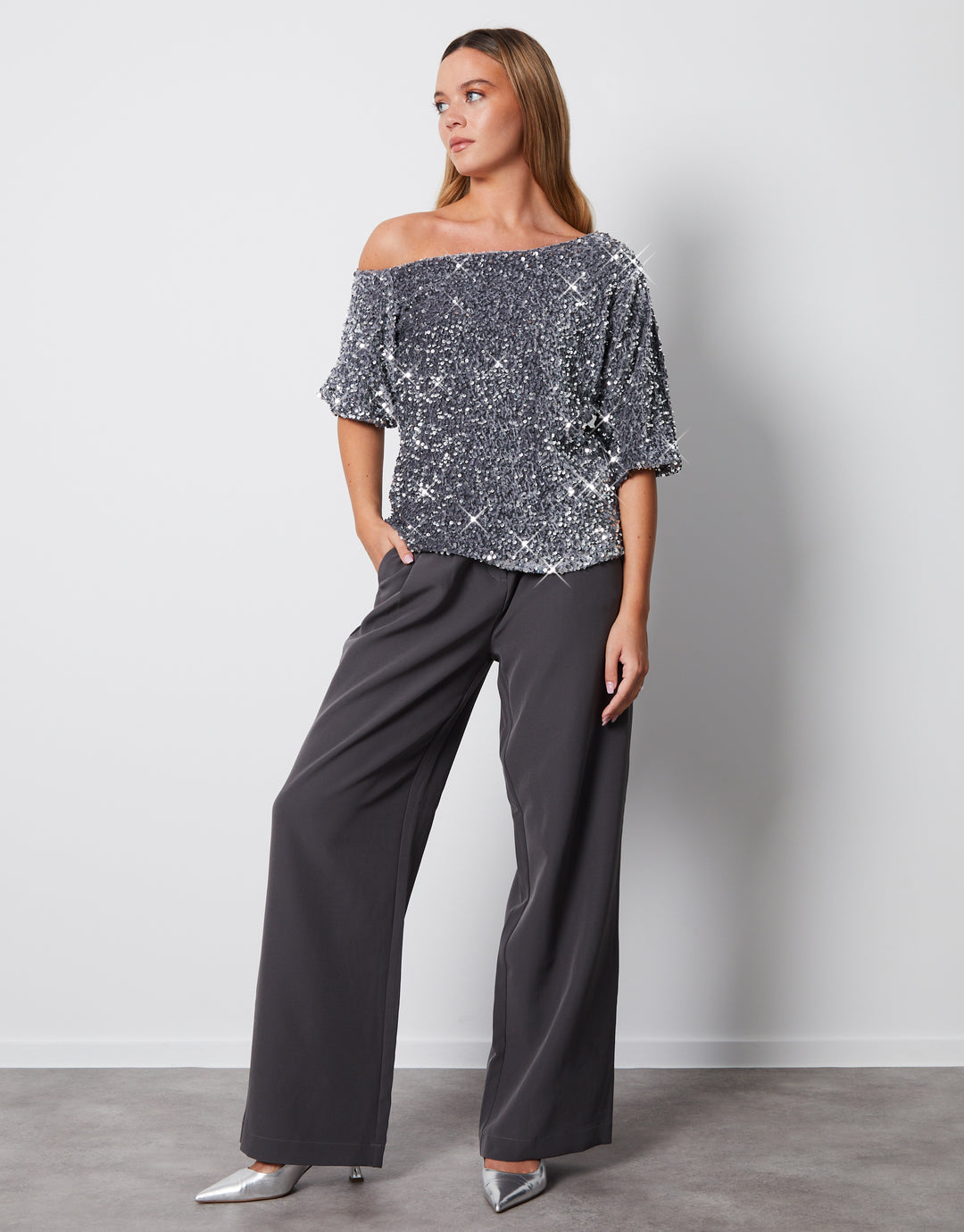 Silver Sequin Velour Drop Shoulder Top