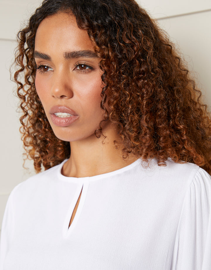 White Keyhole Neck Long Sleeve Blouse