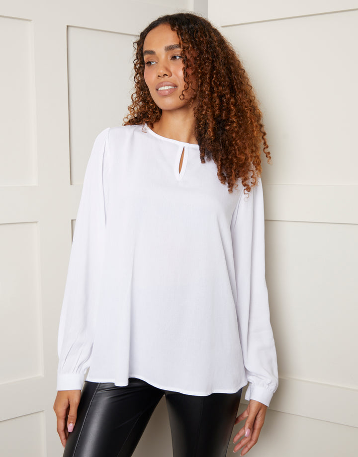 White Keyhole Neck Long Sleeve Blouse