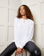 White Keyhole Neck Long Sleeve Blouse