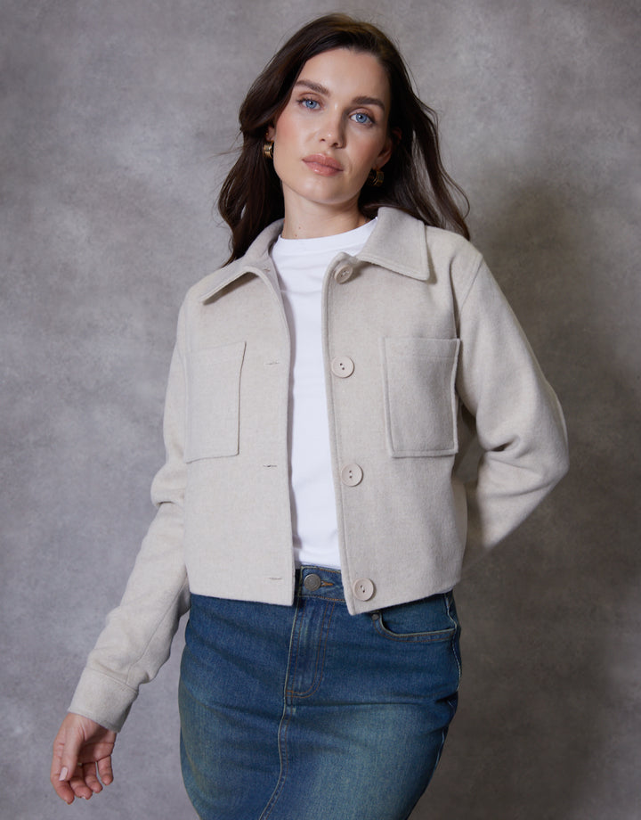 Cropped Brushed Shacket in Ecru