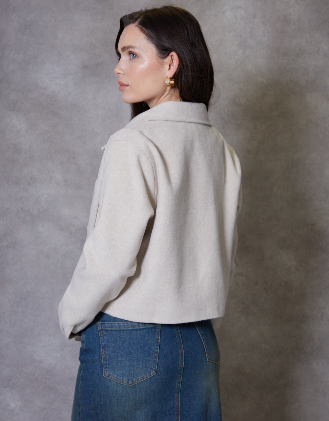 Cropped Brushed Shacket in Ecru
