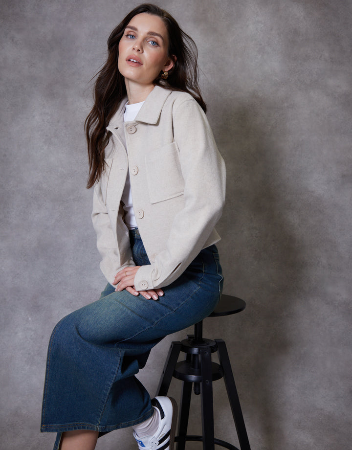Cropped Brushed Shacket in Ecru