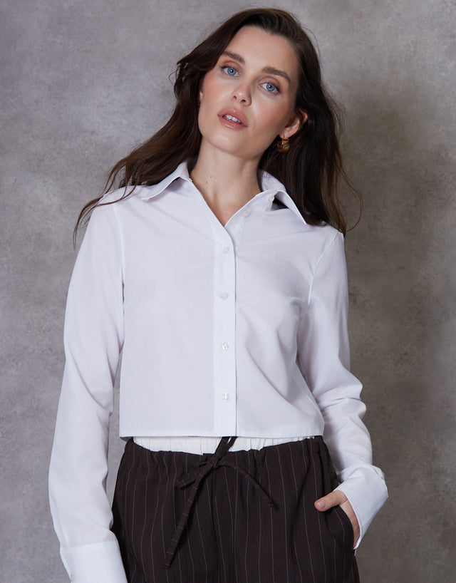 Women's White Long Sleeve Cropped Shirt