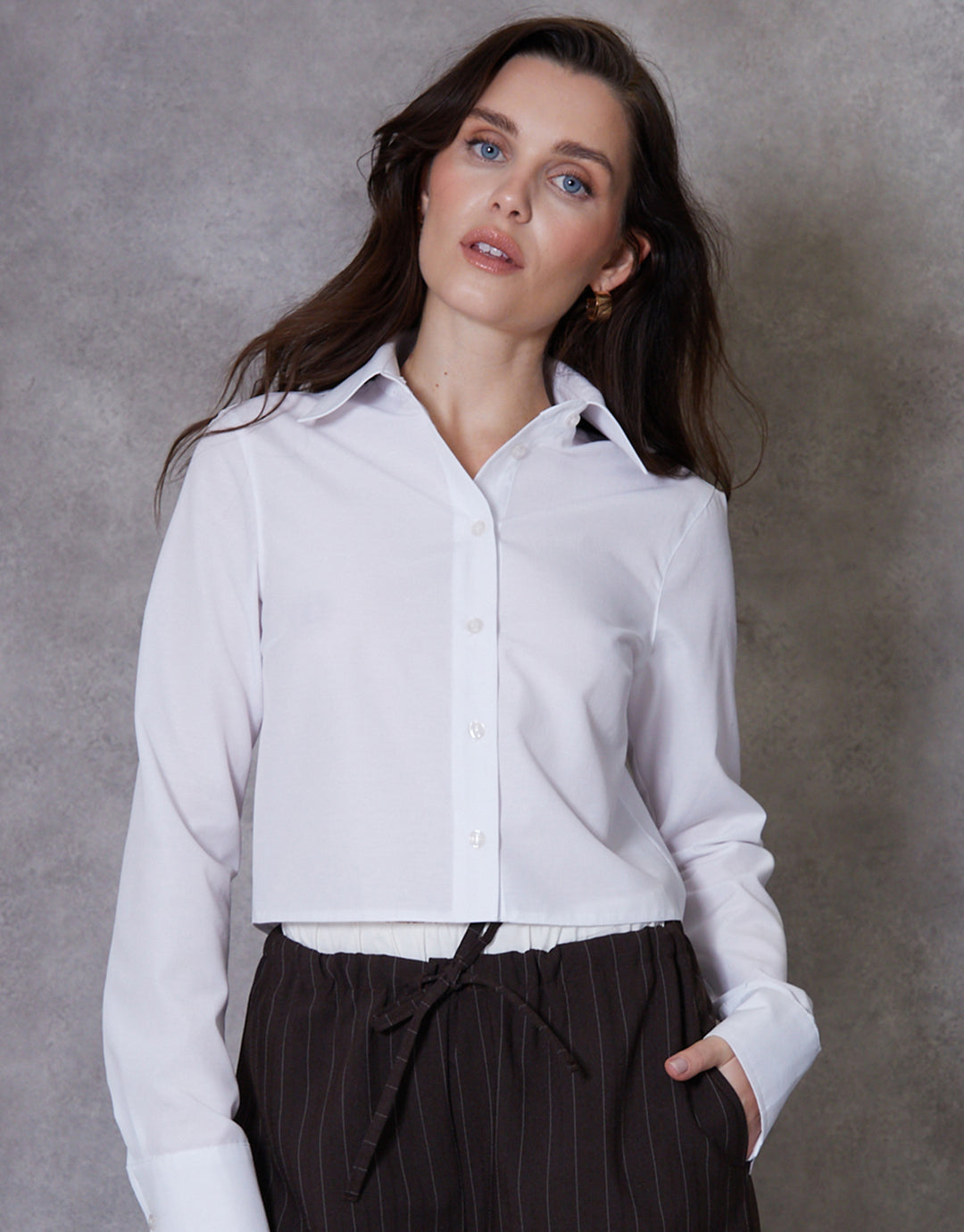 White Long Sleeve Cropped Shirt