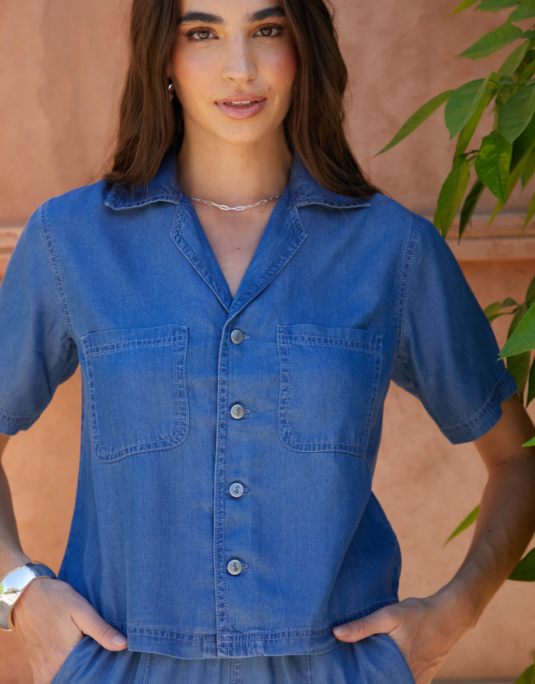 Cropped Chambray Shirt in Light Wash