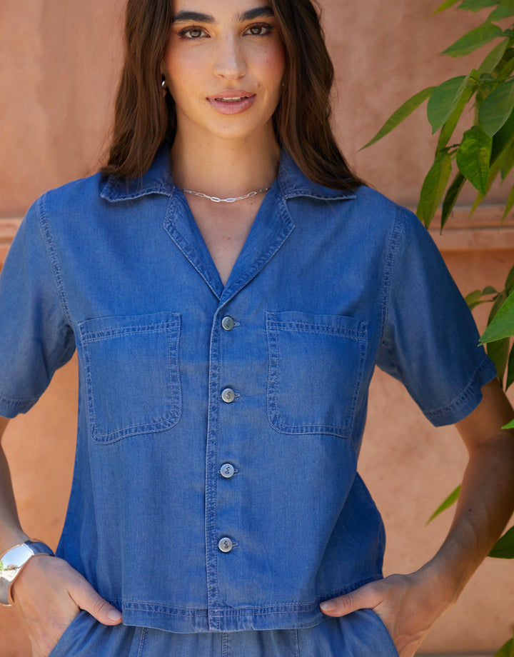 Cropped Chambray Shirt in Light Wash