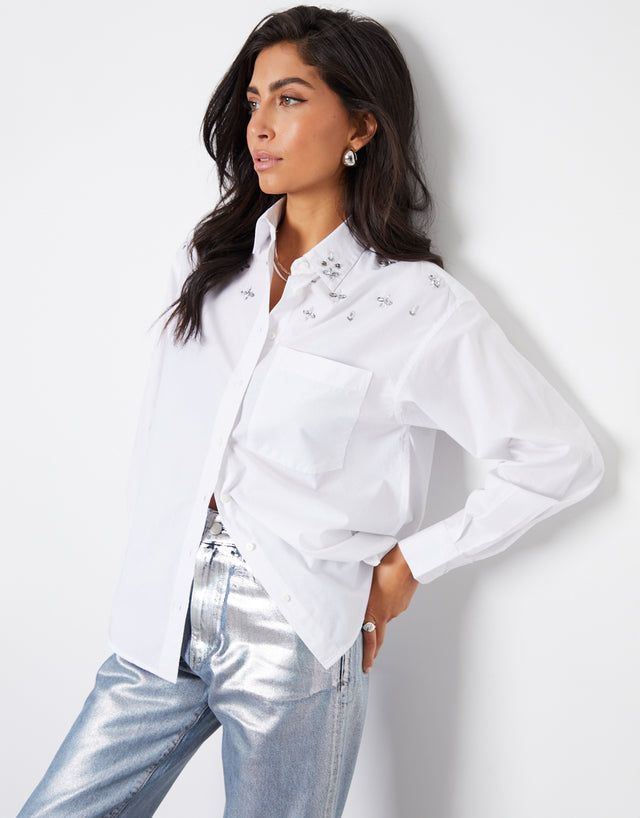 Women's White Diamante Embellished Loose Fit Long Sleeve Shirt