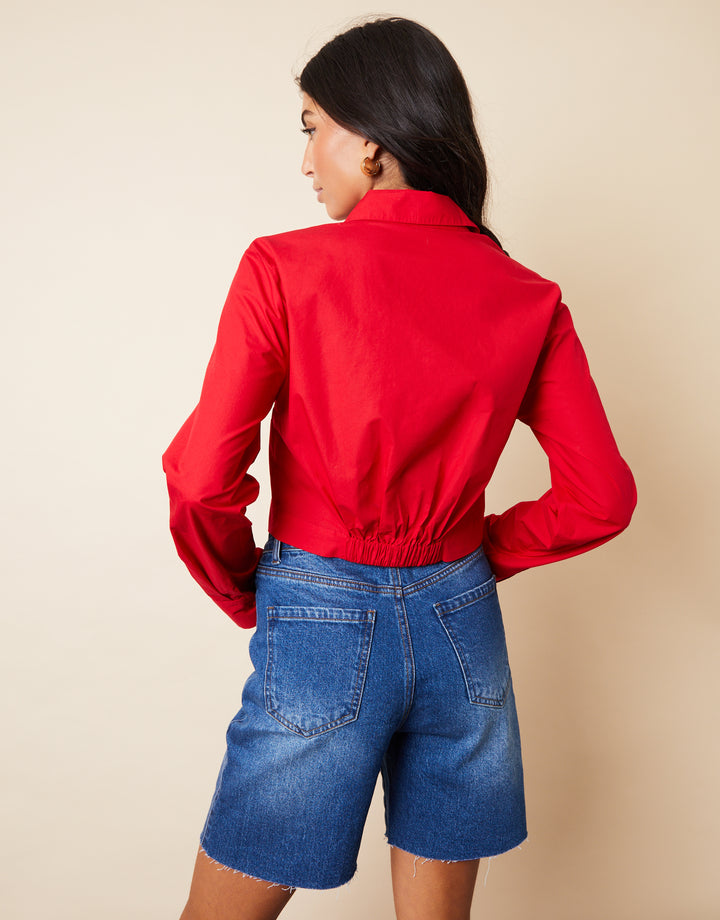 Boxy Cropped Elasticated Hem Shirt in Red