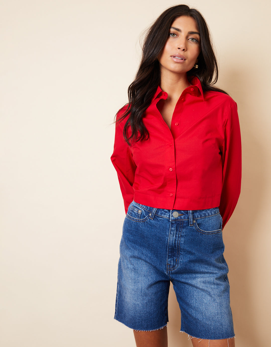 Boxy Cropped Elasticated Hem Shirt in Red