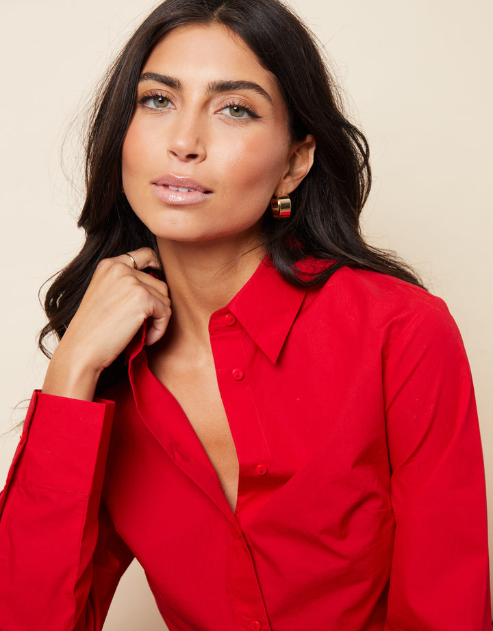 Boxy Cropped Elasticated Hem Shirt in Red