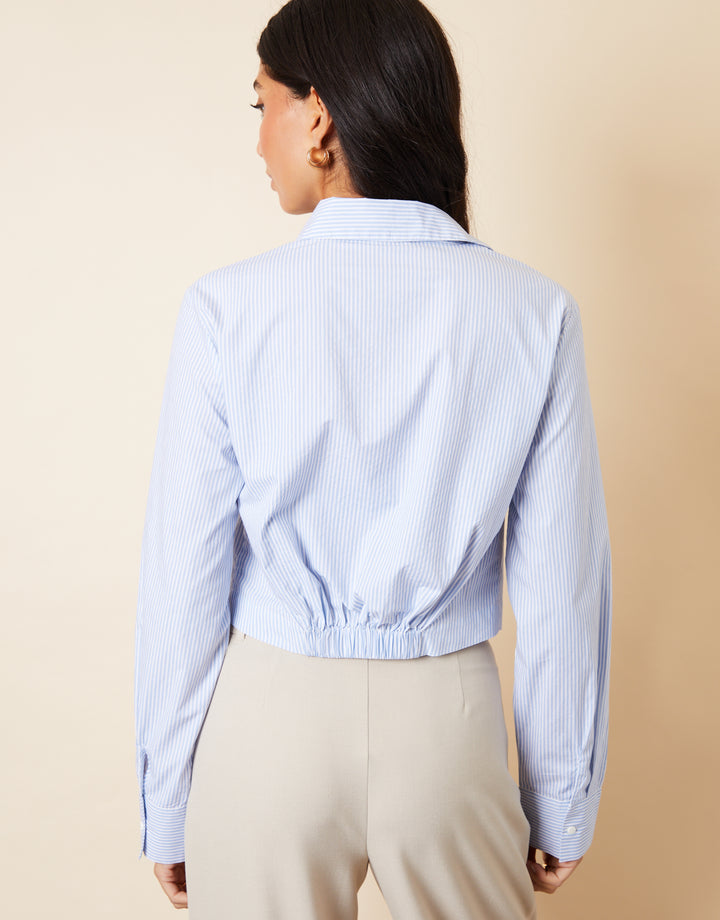 Boxy Cropped Elasticated Hem Shirt in Light Blue Stripe