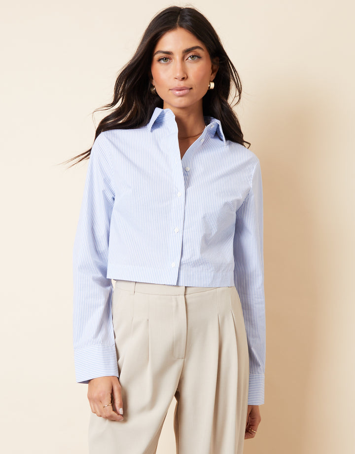 Boxy Cropped Elasticated Hem Shirt in Light Blue Stripe