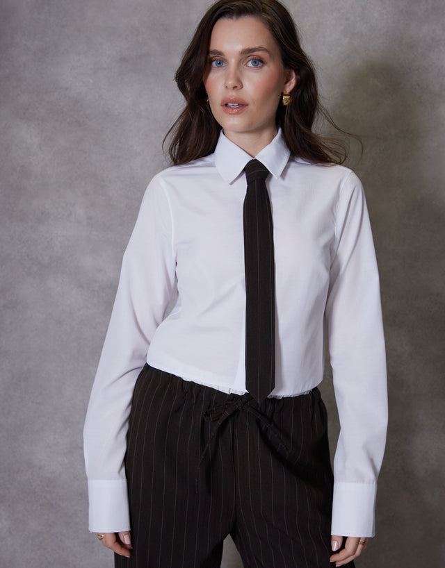 Women's White Long Sleeve Cropped Shirt with Tie