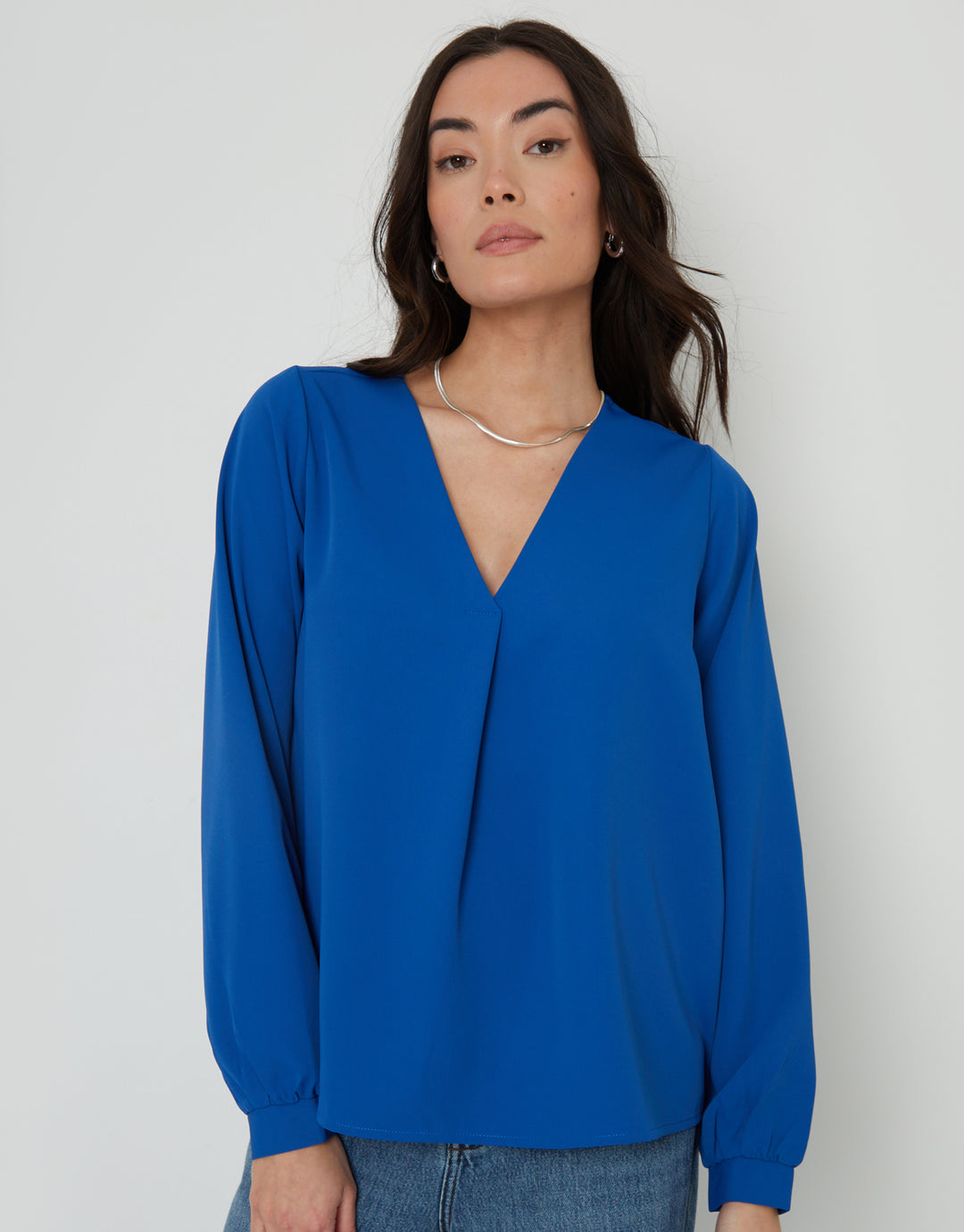 V Neck Puff Sleeve Blouse in Blue