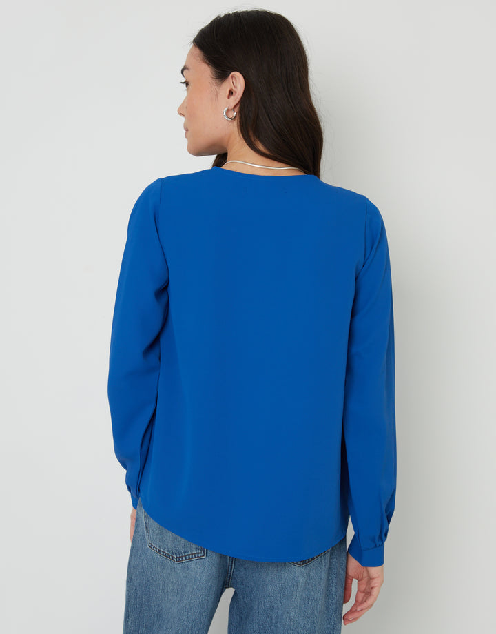 V Neck Puff Sleeve Blouse in Blue