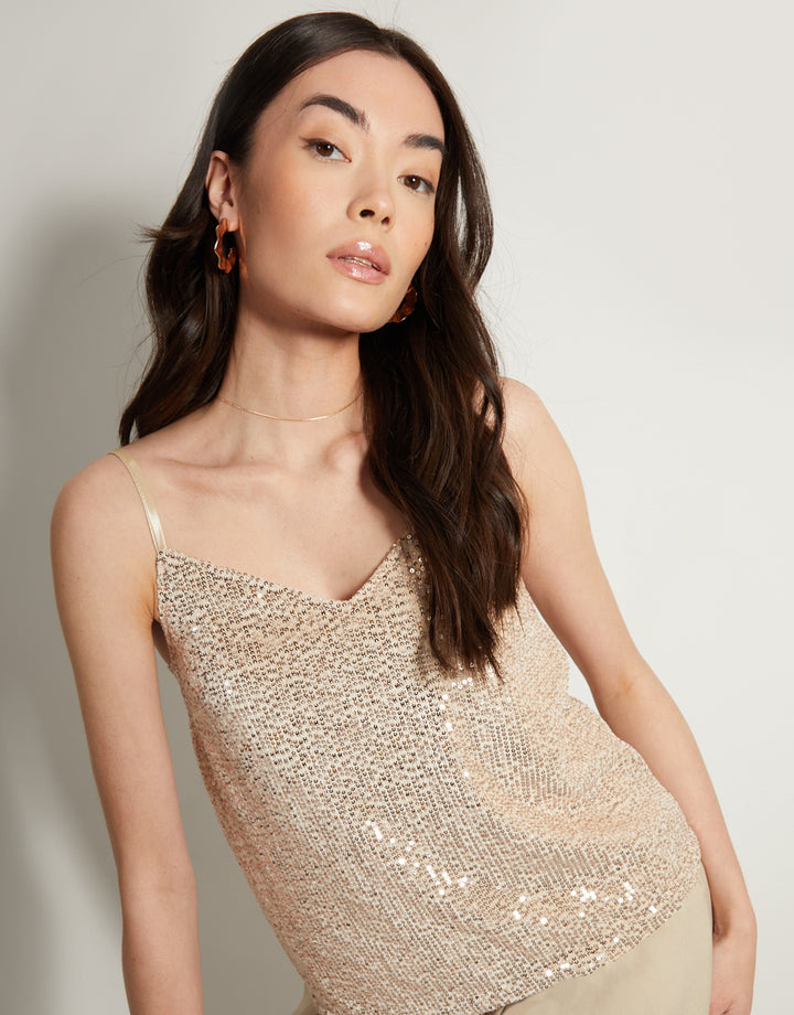 Champagne Sequin V Neck Party Cami Vest Top