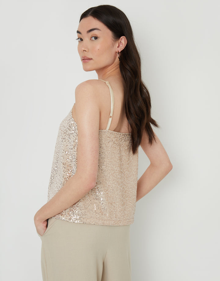 Champagne Sequin V Neck Party Cami Vest Top