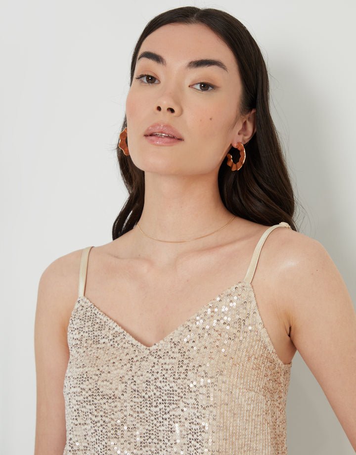Champagne Sequin V Neck Party Cami Vest Top