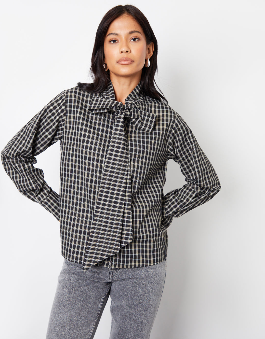Black Check Pussybow Detail Long Sleeve Shirt