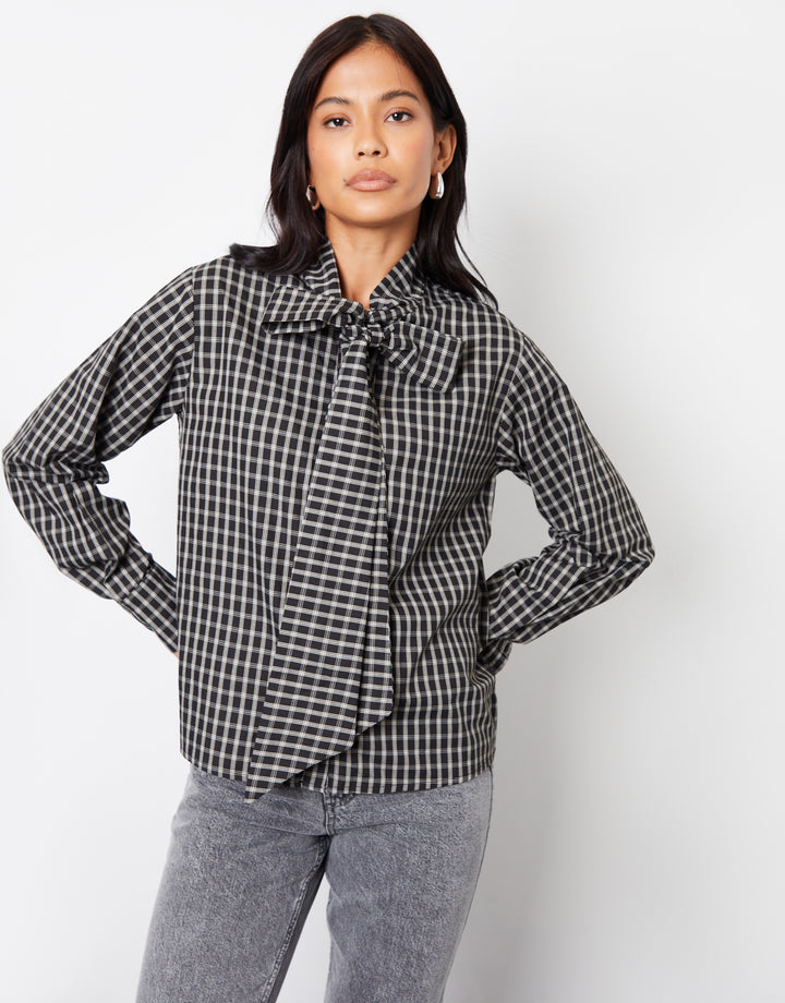 Black Check Pussybow Detail Long Sleeve Shirt