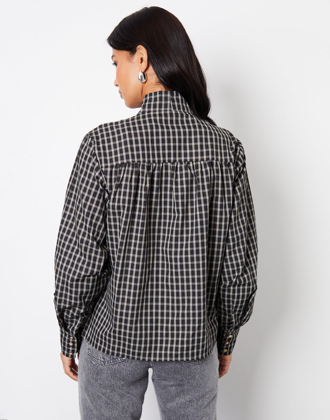 Black Check Pussybow Detail Long Sleeve Shirt