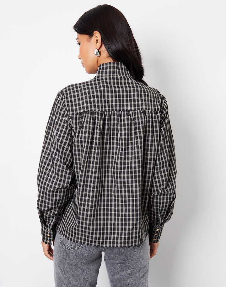 Black Check Pussybow Detail Long Sleeve Shirt