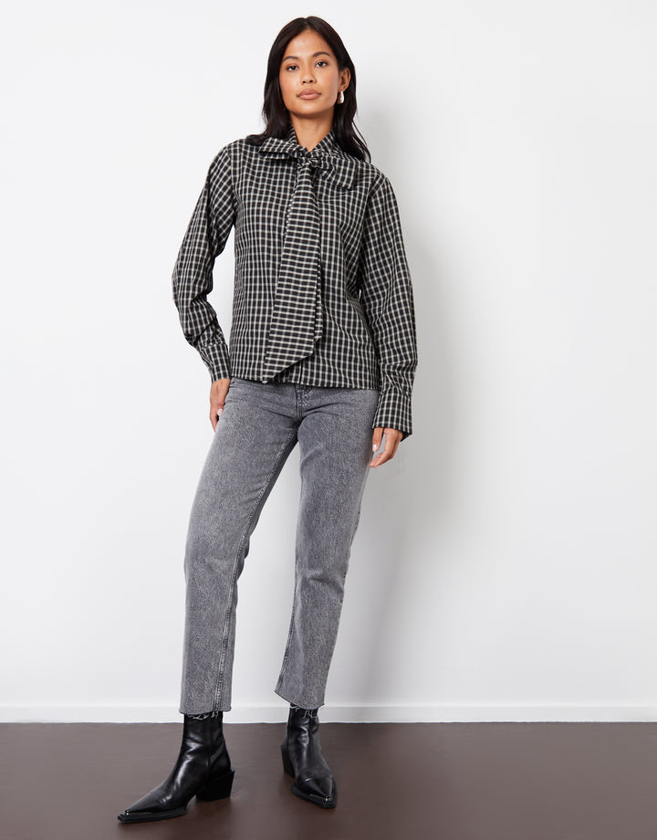Black Check Pussybow Detail Long Sleeve Shirt