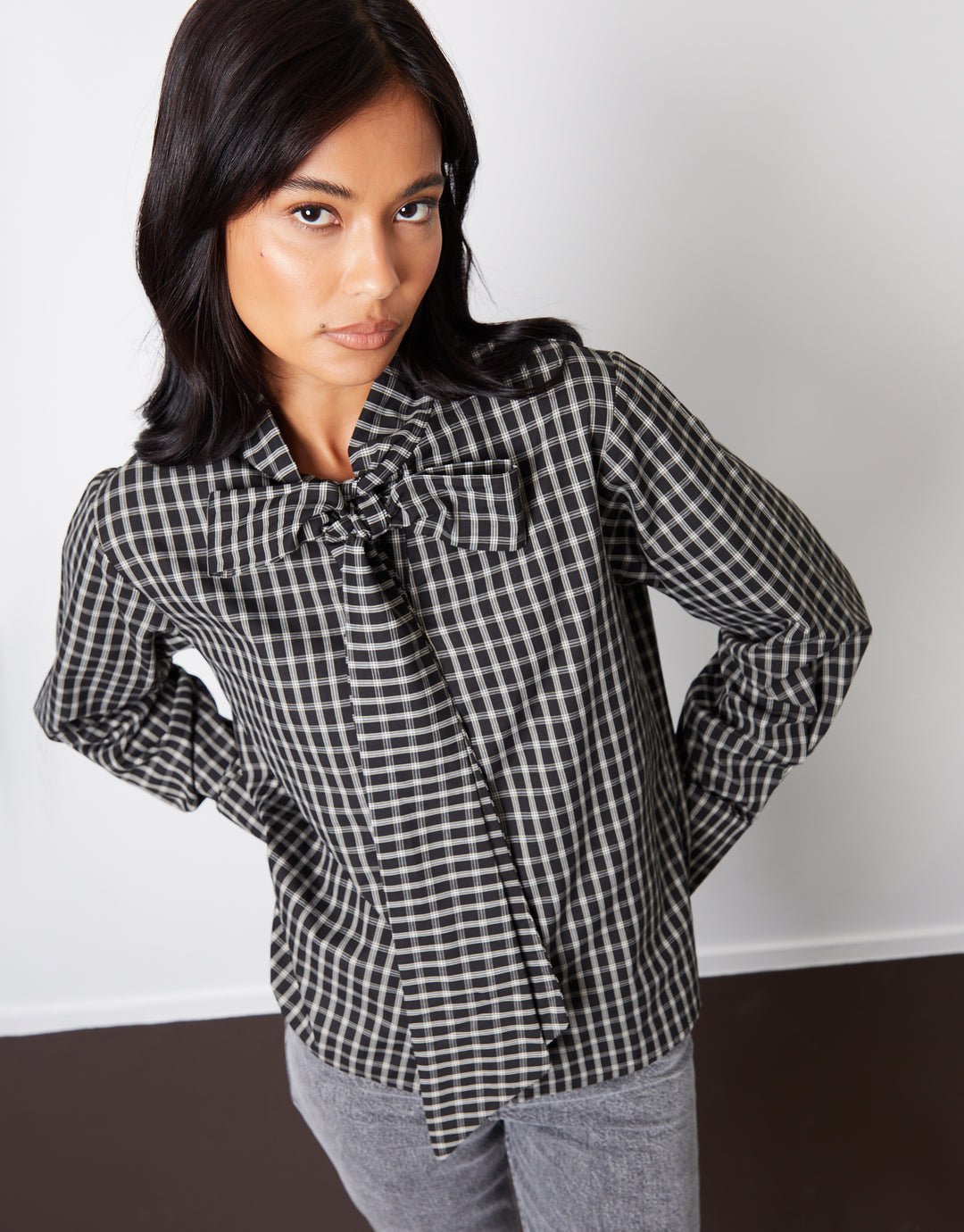 Black Check Pussybow Detail Long Sleeve Shirt