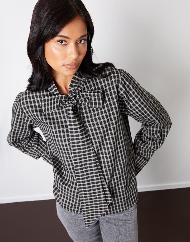 Black Check Pussybow Detail Long Sleeve Shirt