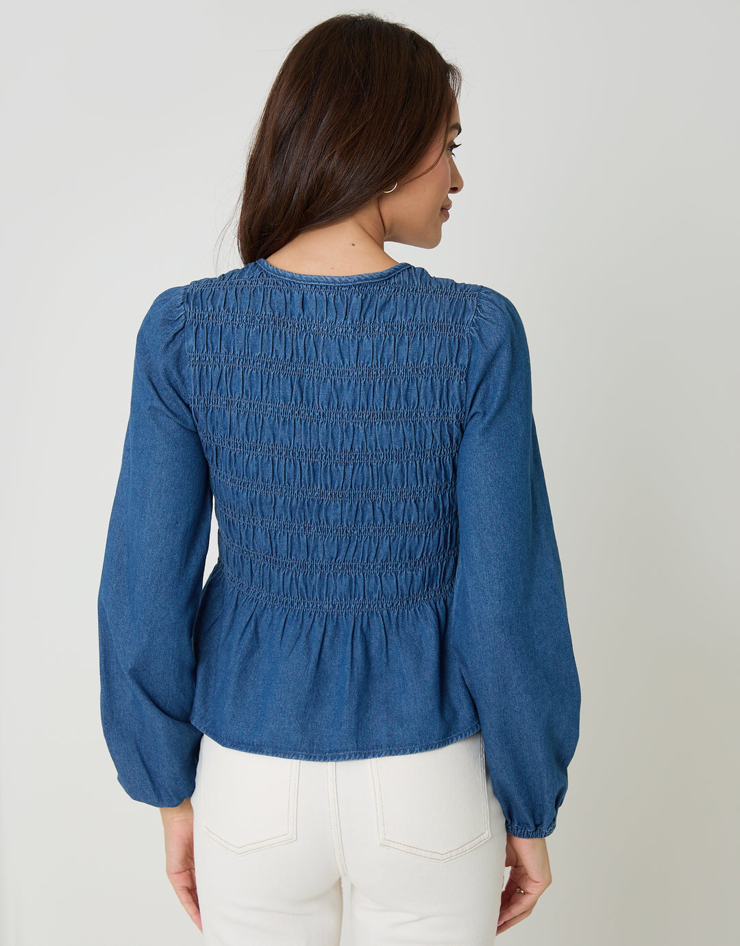 Mid Wash Denim Shirred Smock Blouse