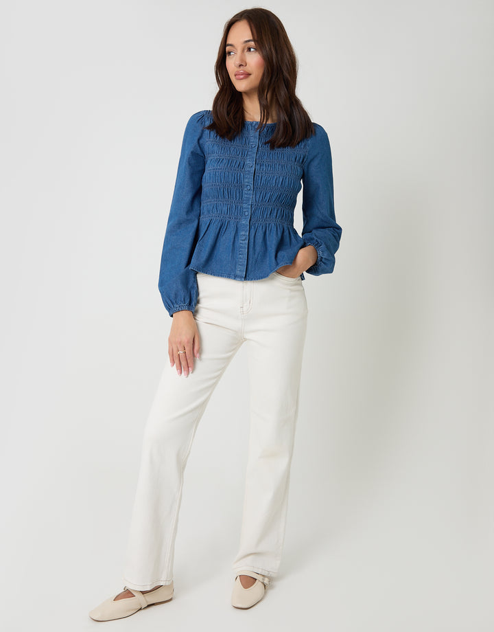 Mid Wash Denim Shirred Smock Blouse