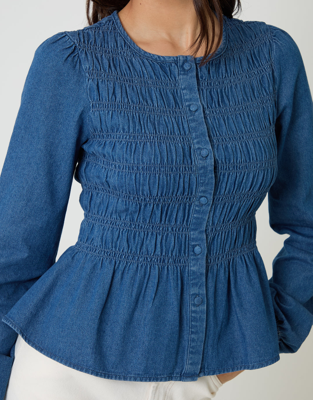 Mid Wash Denim Shirred Smock Blouse