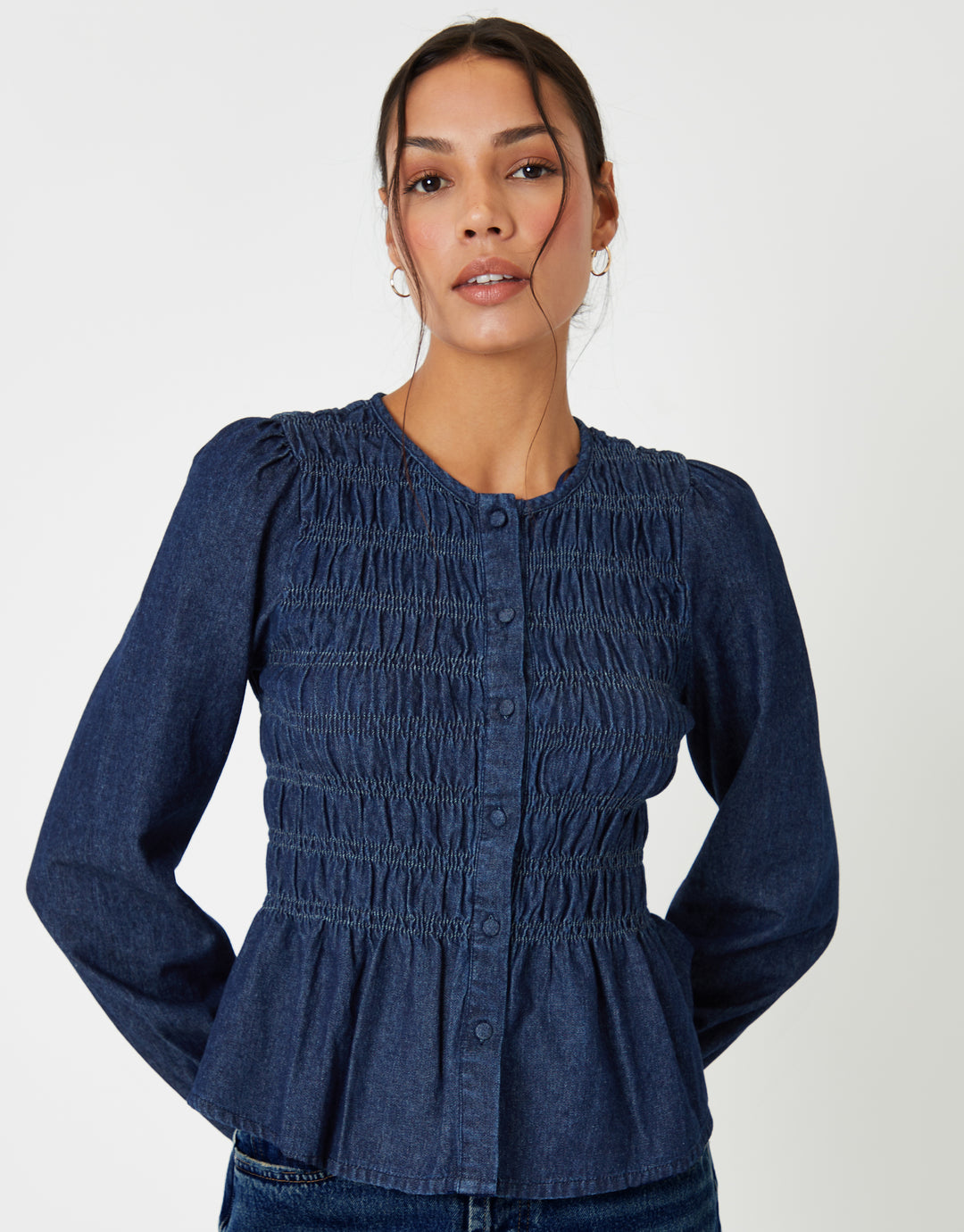 Indigo Wash Denim Shirred Smock Blouse