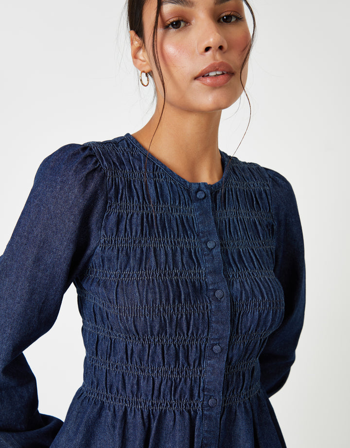 Indigo Wash Denim Shirred Smock Blouse