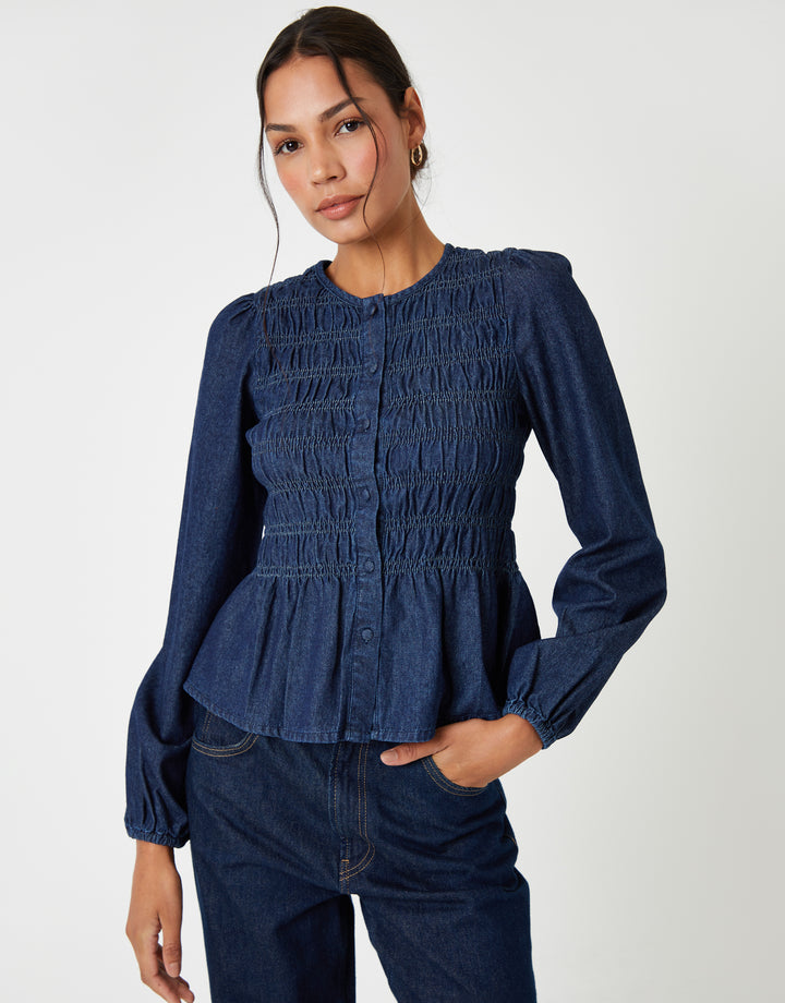 Indigo Wash Denim Shirred Smock Blouse
