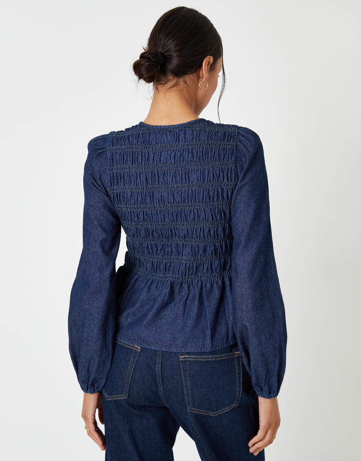Indigo Wash Denim Shirred Smock Blouse