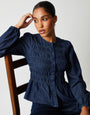 Indigo Wash Denim Shirred Smock Blouse