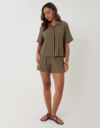 Threadbare Boxy Fit Shirt & Shorts Set in Chocolate Brown Stripe - full body