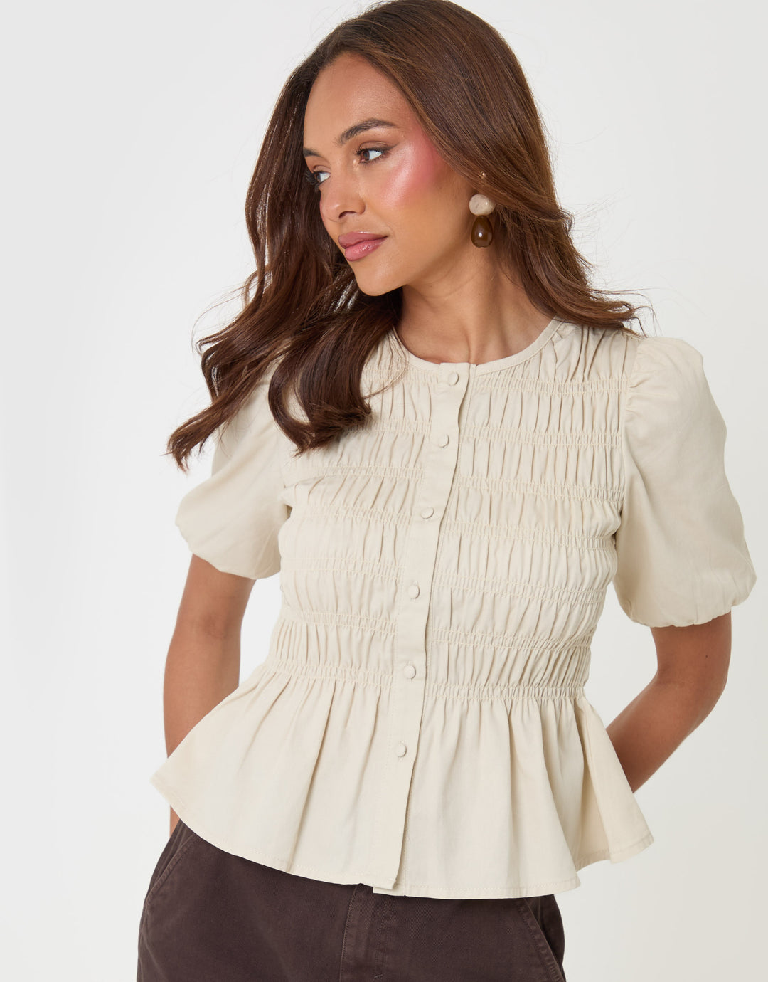 Threadbare Denim Short Sleeve Smock Blouse in Ecru - front view