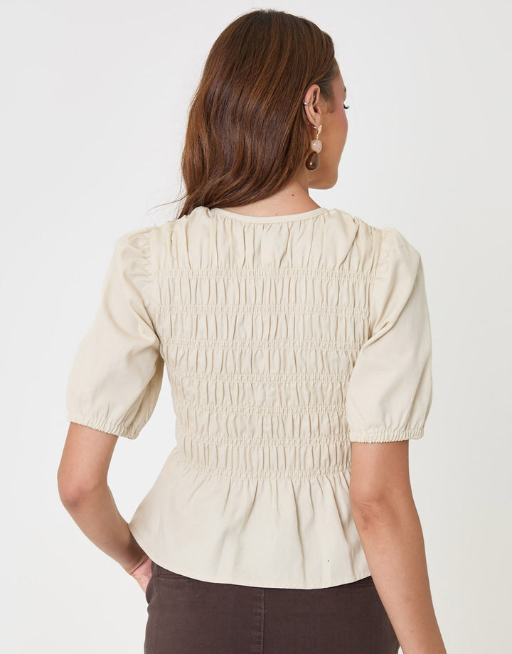 Threadbare Denim Short Sleeve Smock Blouse in Ecru - back view