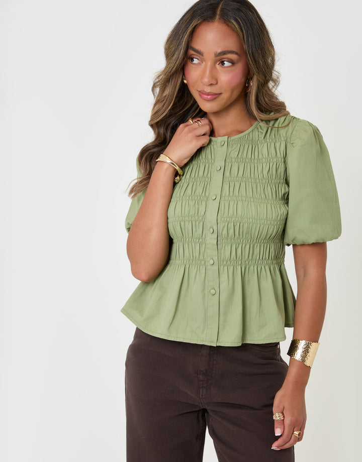 Threadbare Denim Short Sleeve Smock Blouse in Sage - full body