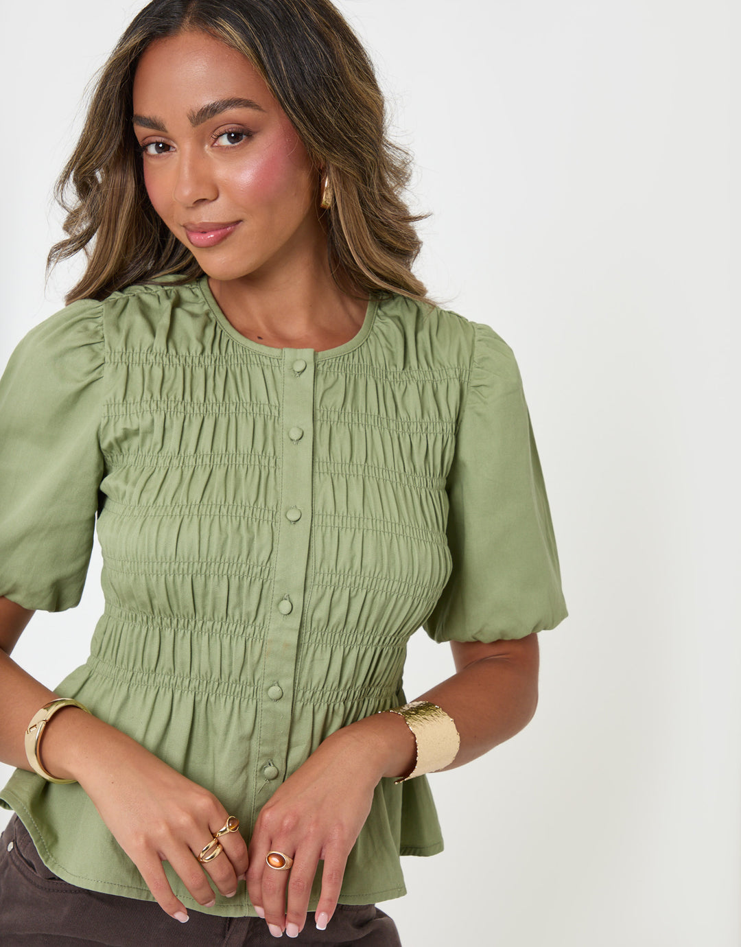 Threadbare Denim Short Sleeve Smock Blouse in Sage - close up