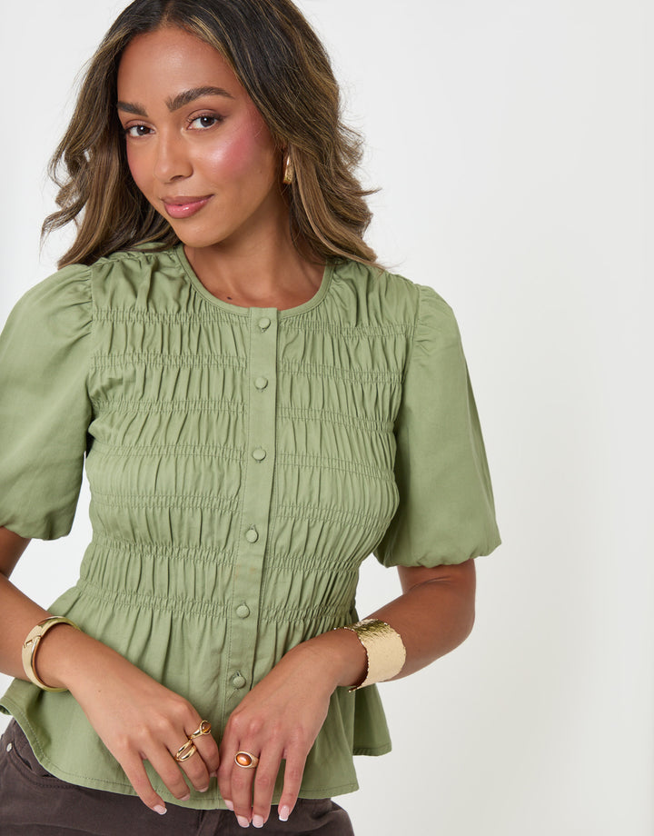 Threadbare Denim Short Sleeve Smock Blouse in Sage - close up