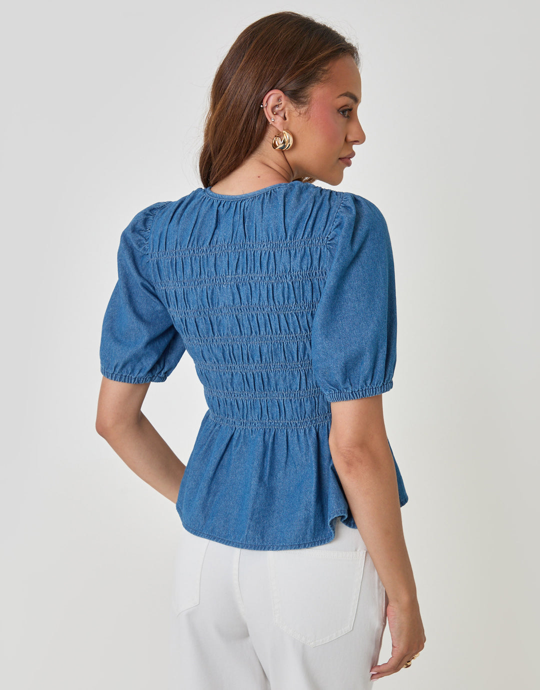 Threadbare Denim Short Sleeve Smock Blouse in Mid Wash - back view