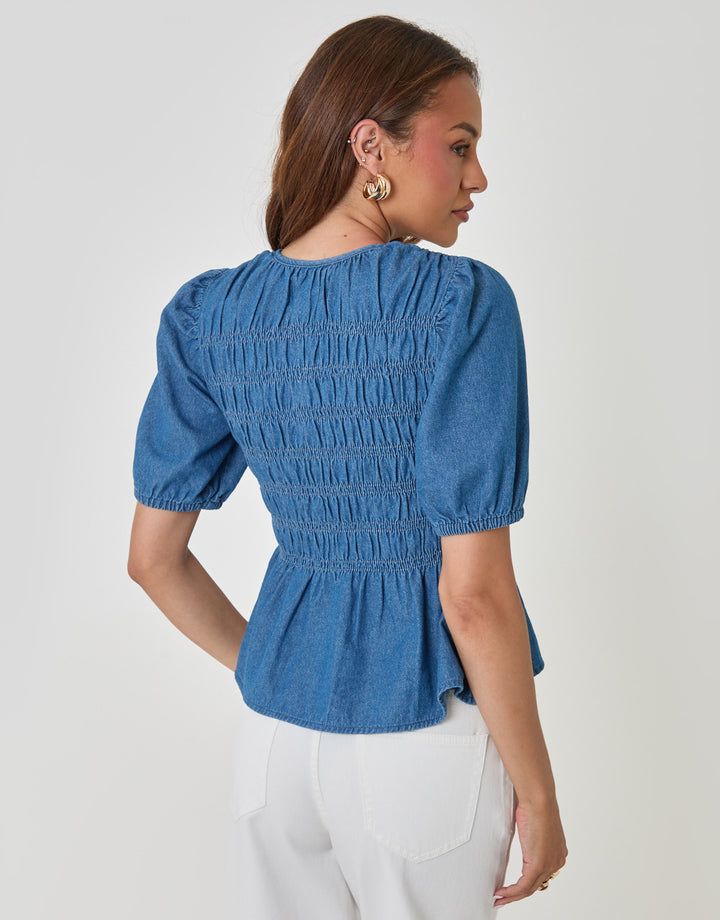 Threadbare Denim Short Sleeve Smock Blouse in Mid Wash - back view